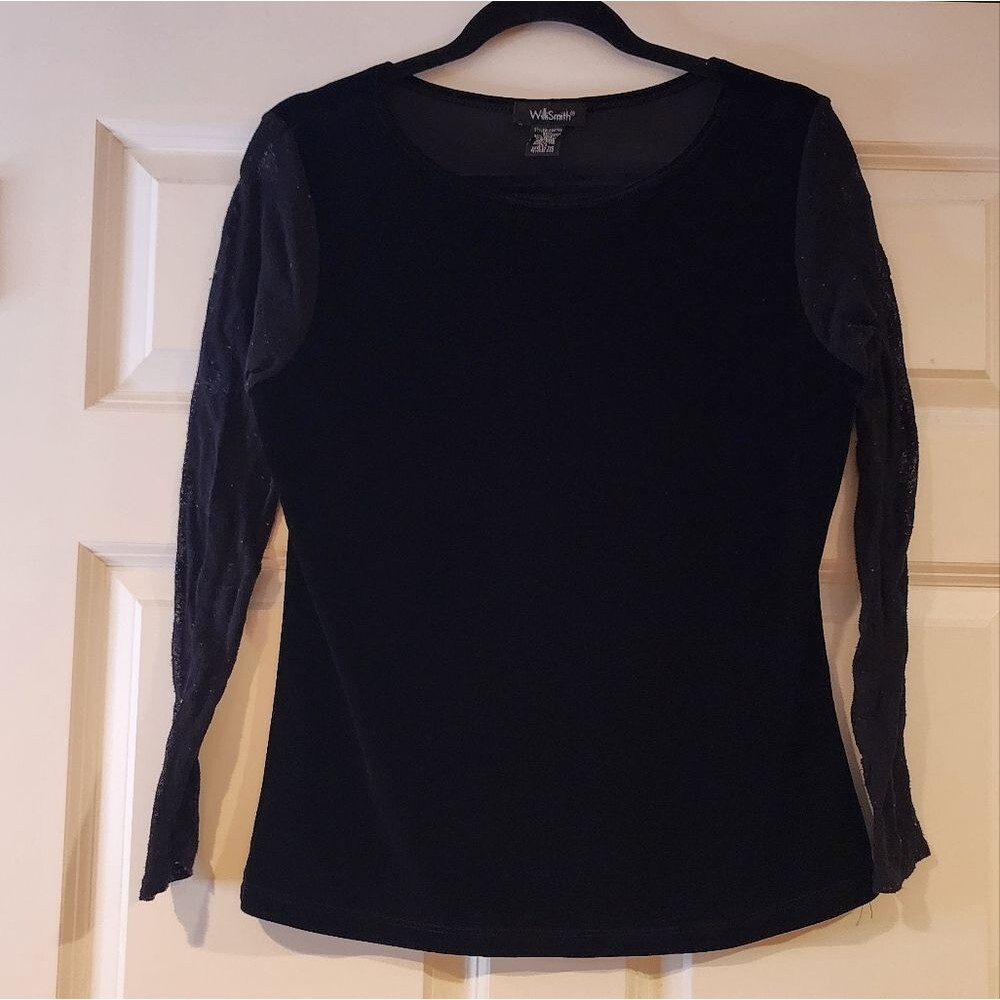 Willi Smith black velour lace sleeve top L